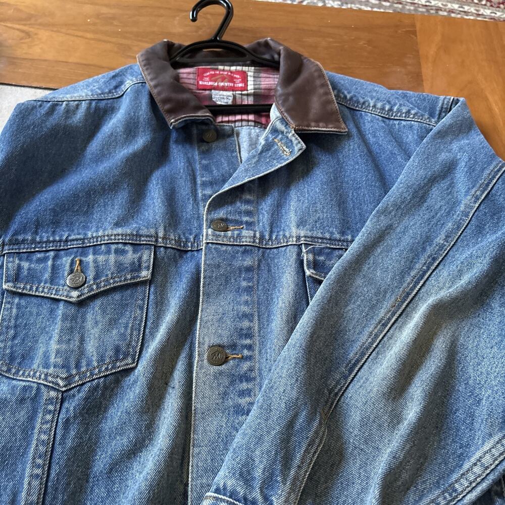 Marlboro Country Store Blue Denim Jacket Men XL Leather Collar Trucker
